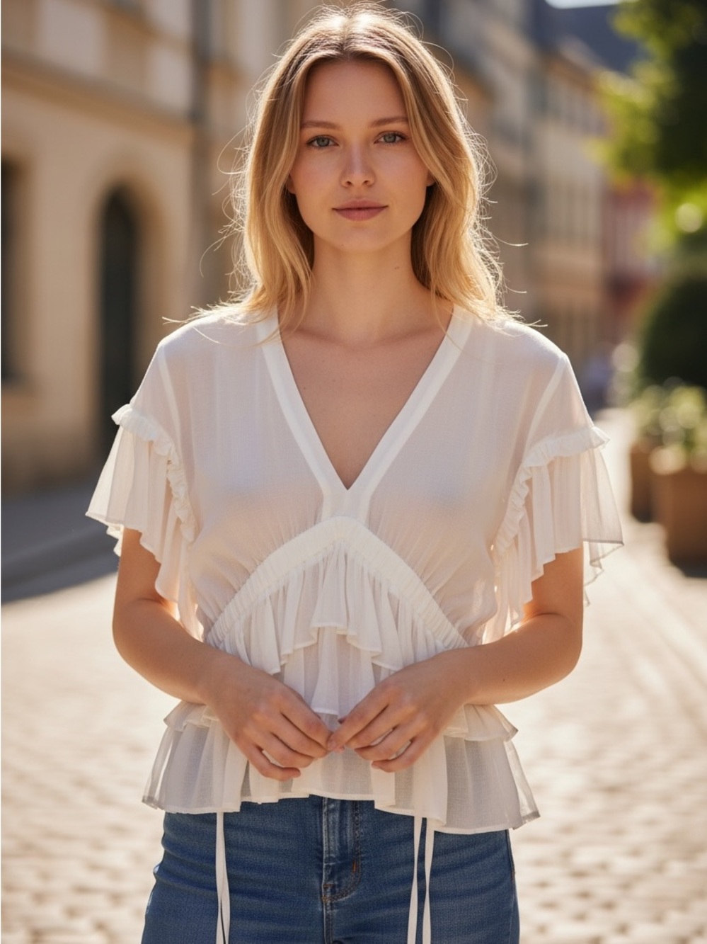 The Kooples Paris Women’s White Ruffle V-Neck Blouse - Picture 3 of 5